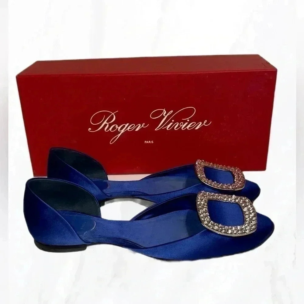 Roger Vivier Navy Satin Crystal Buckle D’Orsay Flats EU 35.5 (Fits 36.5) - Picture 4 of 7